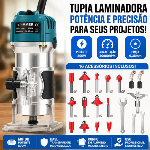 Tupia Laminadora Variável 800w Jogo Fresas 15 Pç 30000rpm 220v Kit Tupia Manual Laminadora Tupia Laminadora Manual Jogo Fresa