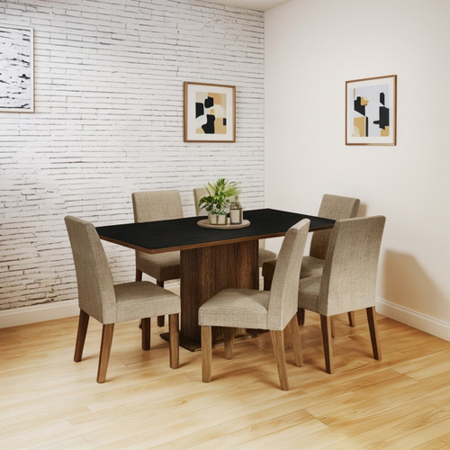Mesa de Comedor con 6 Sillas Renata Madesa Color Rústico/Negro/Imperial Diseño de Tela Lisa