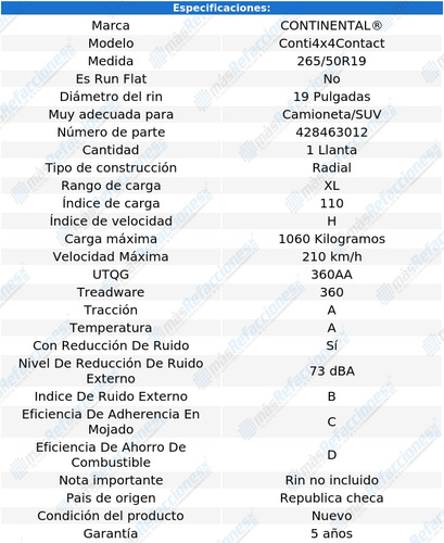 Llanta 265/50r19 110h Continental Conti4x4contact