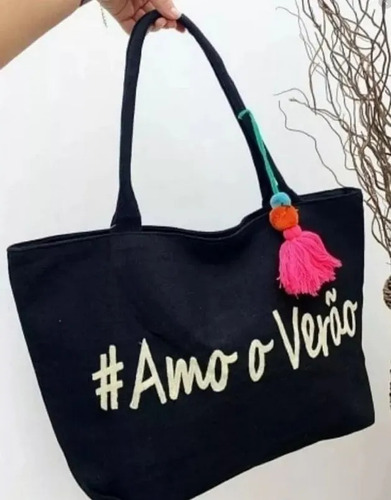 Bolsa De Praia Feminina Praia Piscina Passeio Tema Amo Verão Cor Preto