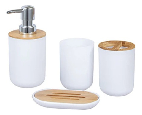 Set De Baño X4 Dispenser Portacepillo Vaso Jabonera Bambú