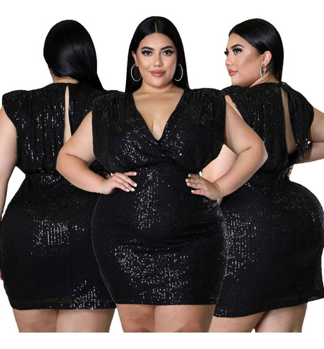 Vestido Sexy Dama Negro Gorditas Con Lentejuelas Sin Mangas