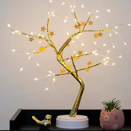 Árvore Abajur Decoração Flor Quarto Sala 72 Leds Pilha Usb Cor da cúpula Dourado Estrela Cor da estrutura Branco