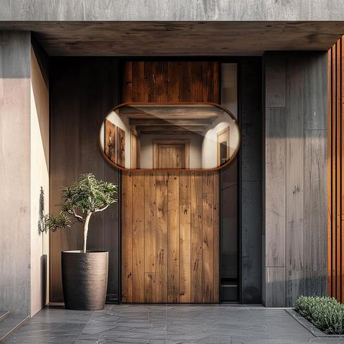 Espelho Oval 50x80 Cm Com Couro Preto E Caramelo Luxo