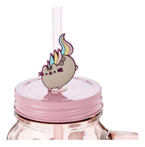 Vaso Mason Jar Gato Pusheen The Cat Con Popote Y Tapa 592 Ml