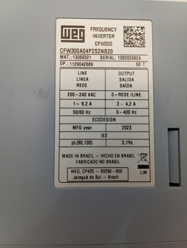 Inversor Weg Cfw-300 Cfw300a04p2s2nb20 1cv 220v 4.2a (Usado)