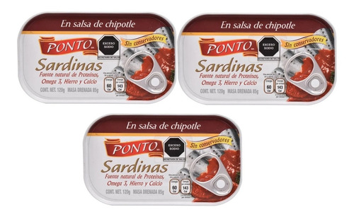 3 Sardinas Ponto En Salsa De Chipotle 120 Gr C/u