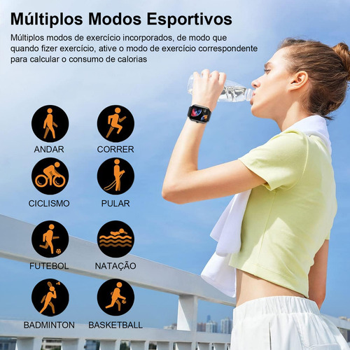 Smartwatch Mertto para homens e mulheres, 1,83 polegadas, Bluetooth, chamadas, notificações de informações, iOS, Android, esportes, saúde, preto, duas alças