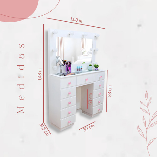 Penteadeira Camarim Mdf Branco 11 Gavetas Com Luz