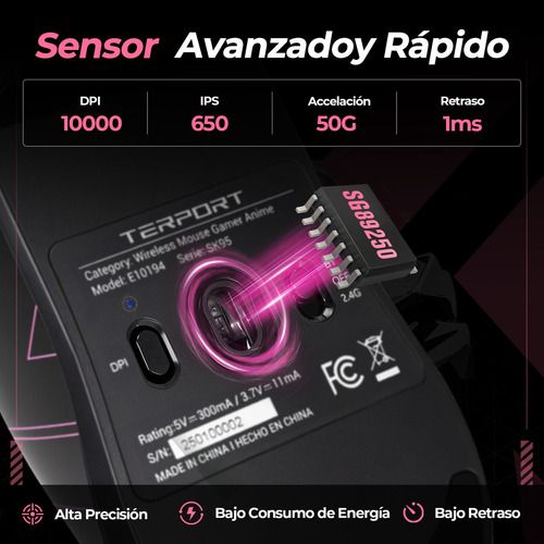 TERPORT X Haruka Mouse Gamer Inalámbrico 1KHz Sensor SG89250, IPS650, DPI 10000, Conexión BT/2.4G/Cableado, 5 Botones Programables, 51g Últra Ligero Profesional Para Juegos - SK95