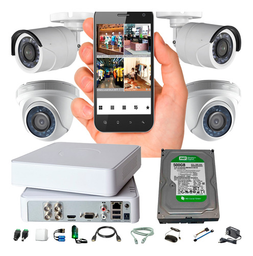 Kit Hikvision Turbo Hd Cctv Dvr 4ch + 4 Camaras + Accesorios