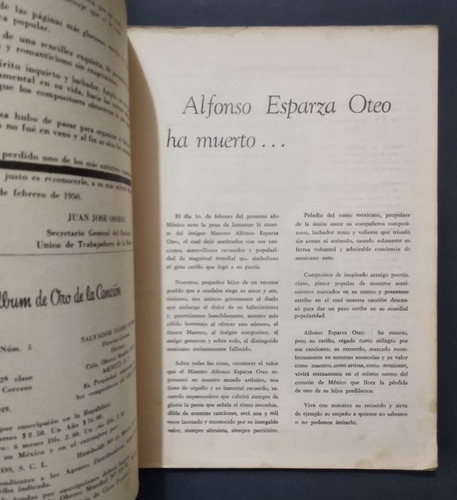 Ejemplar No. 5, Album De Oro De La Canción, Tomo I, 1950 (Usado)