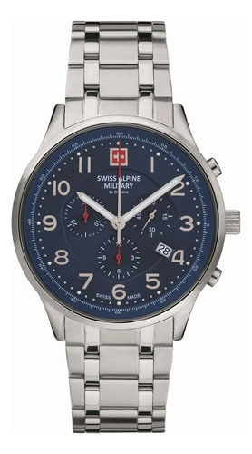 Reloj Swiss Alpine Military Skymaster Chrono 7084.9135sam Malla Plateado Bisel Plateado Fondo Azul