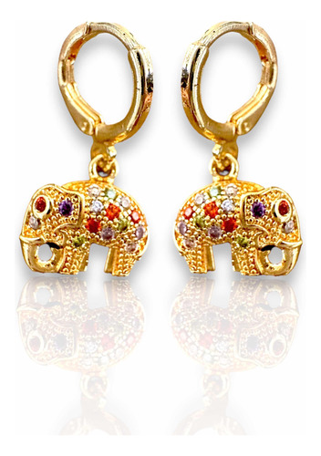 Aretes De Elefantes De Oro 18k Lam Y Zirconia+estuche.