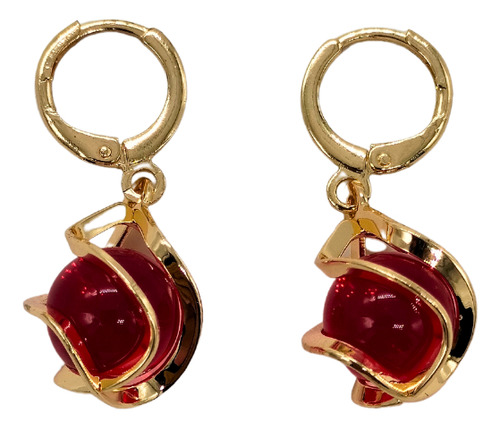 Aretes Medianos Bola Roja Oro Laminado Dama Mujer