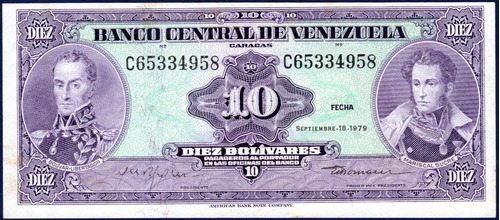 Billete 10 Bolívares C8 Septiembre 18 1979 Bolívar Y Sucre