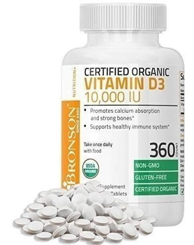 Vitamina D3 10,000 Iu Organico Non-gmo Bronson 360 Tablets