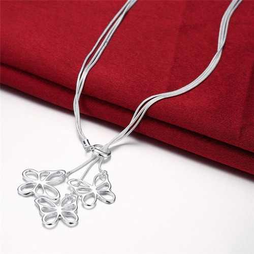 Collar Tres Cadenas De Serpientes Dije De Mariposas - Plata