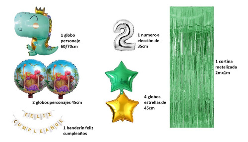 Kit Decoración Dinosaurio, Globos+cortinas+banderin Verde Estrellas
