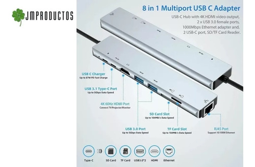 Hub Adaptador 8x1 Tipo C Hdtv / Sd / Tf / Usb 3.0 / Pd / Lan