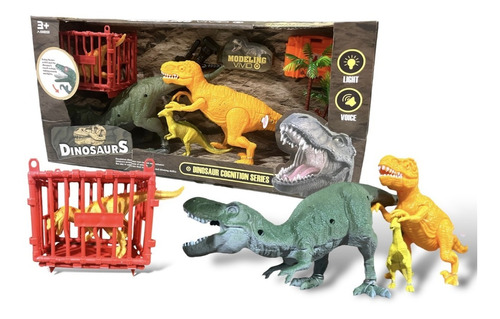 Set 2 Muñecos Dinosaurios Con Jaula Grande