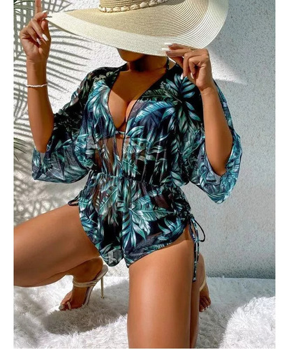 Conjunto De Pareo De Playa Tipo Kimono Para Mujer Y Bikini F