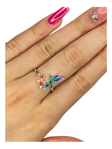 Anillo Colibrí Regulable Con Esmalte Plata Italiana