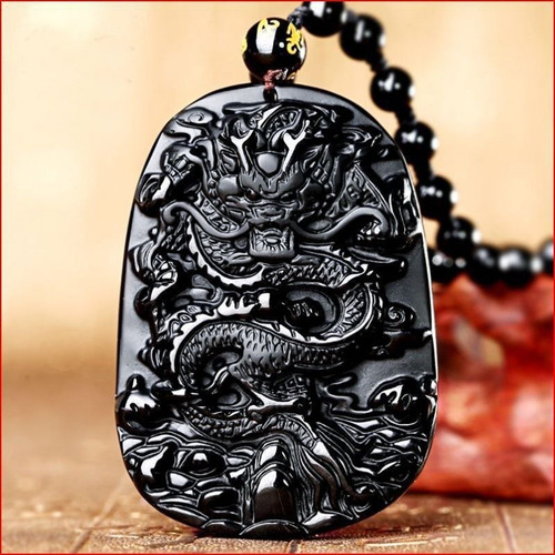 Amuleto Da Sorte Dragão Chinês Em Pedra Obsidiana Negra
