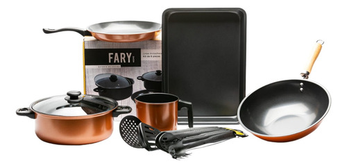 Set Cocina Carbono Antiadherente Fary Ocre 5 Pz Utensillos