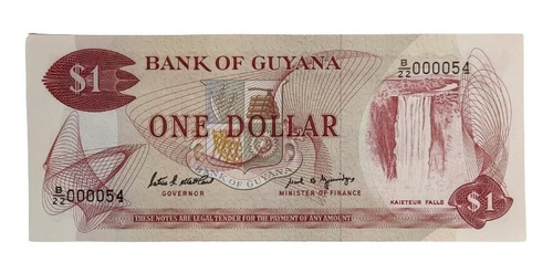 Billete 1 Dólar Serial Bajo 000054 1989 Guyana Unc