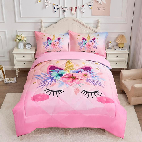 Pink Unicorn Twin Bedding Set Para Niñas 3 Piezas Para Niños