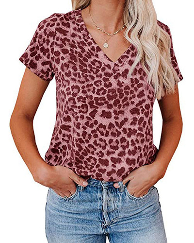 Blusa Con Cuello En V Y Estampado De Leopardo Para Mujer, Ma