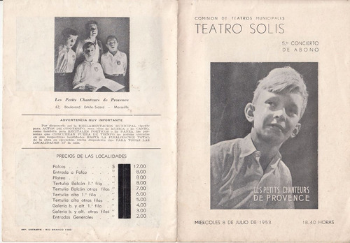 Teatro Solis 1953 Programa Les Petits Chanteurs De Provence