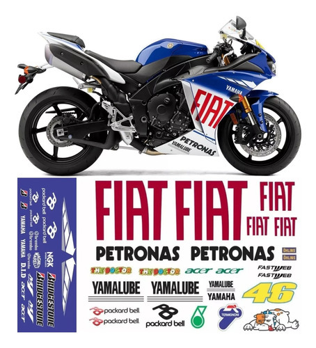 Kit Adesivos Emblemas Moto Azul Yzf R1 Fiat 2009 Fiat09