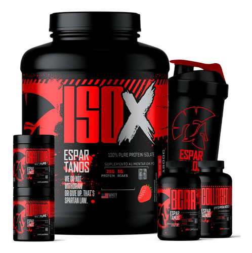 Kit Whey Iso X + Bcaa + Colágeno + Gluta + Crea + Shaker Sabor Morango