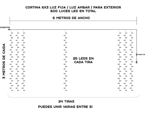 Imagen 2 de 9 de Cortina Luces Led 6x3 Metros Luz Fija Interconectable Ambar