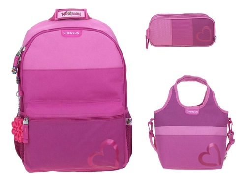 Kit De Mochila Lonchera Y Lapicera Happy Girl Rosa Corazon Primaria Backpack Vs1646