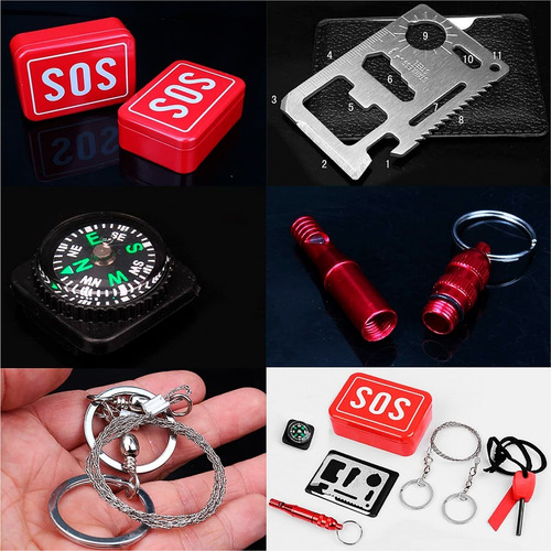 Imagen 9 de 10 de Kit Supervivencia Sos Emergency Cort Plumas Brujula Silbato