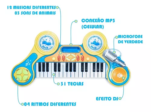 Piano Infantil 37 Teclas Com Microfone Banquinho Luzes E 22 Canções Usb/Mp3  - Loja Sitio da Magia