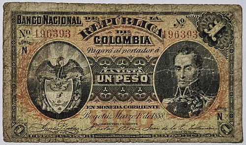 Billete 1 Peso 01/mar/1888 Banco Nacional Colombia Vg-f