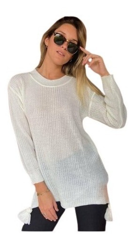 Sweater Tejido Fino Largo Con Pompones