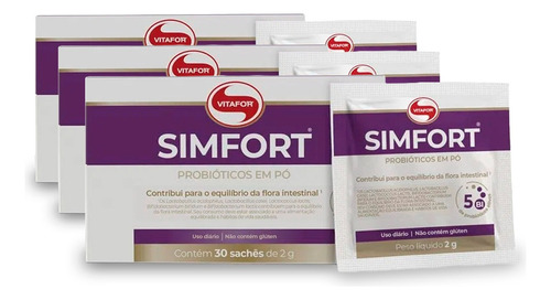 Kit 3 Simfort Mix De Probióticos Vitafor 30 Sachês De 2g Sabor Sem Sabor