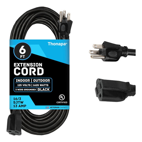 Cable De Extensión Negro De 6 Pies Para Exteriores, 16/3 Sjt