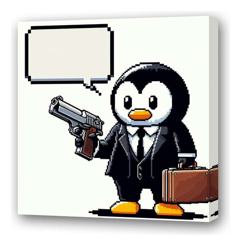 Cuadro 20x20cm Pinguino Con Pistola Pixel Art Maletin