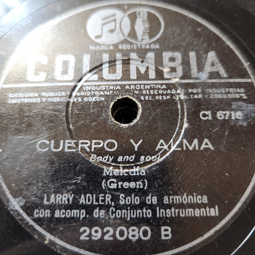 Pasta Larry Adler Solo Armonica Acomp Orq Columbia C619