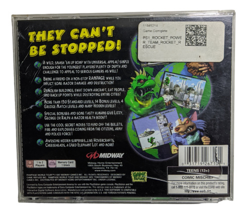 Jogo Rampage World Tour Ps1 Original Com Detalhe (Usado)
