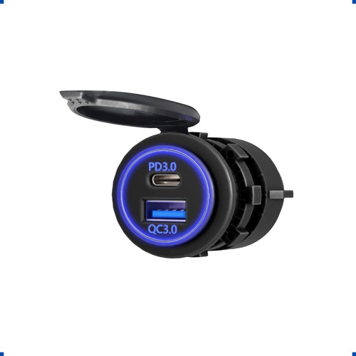 Tomada Carregador Carro Usb Tipo C Pd3.0 Com Led Azul
