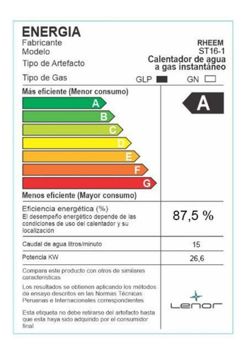 Terma A Gas 16 L Rheem Glp