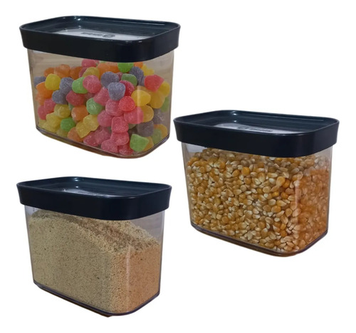 Kit 3 Potes Herméticos 1500ml Café Açucar Chocolate Grande Preto