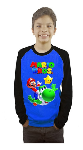 Polera Mario Bros Niños Manga Larga Estampada Dtf Cod 004